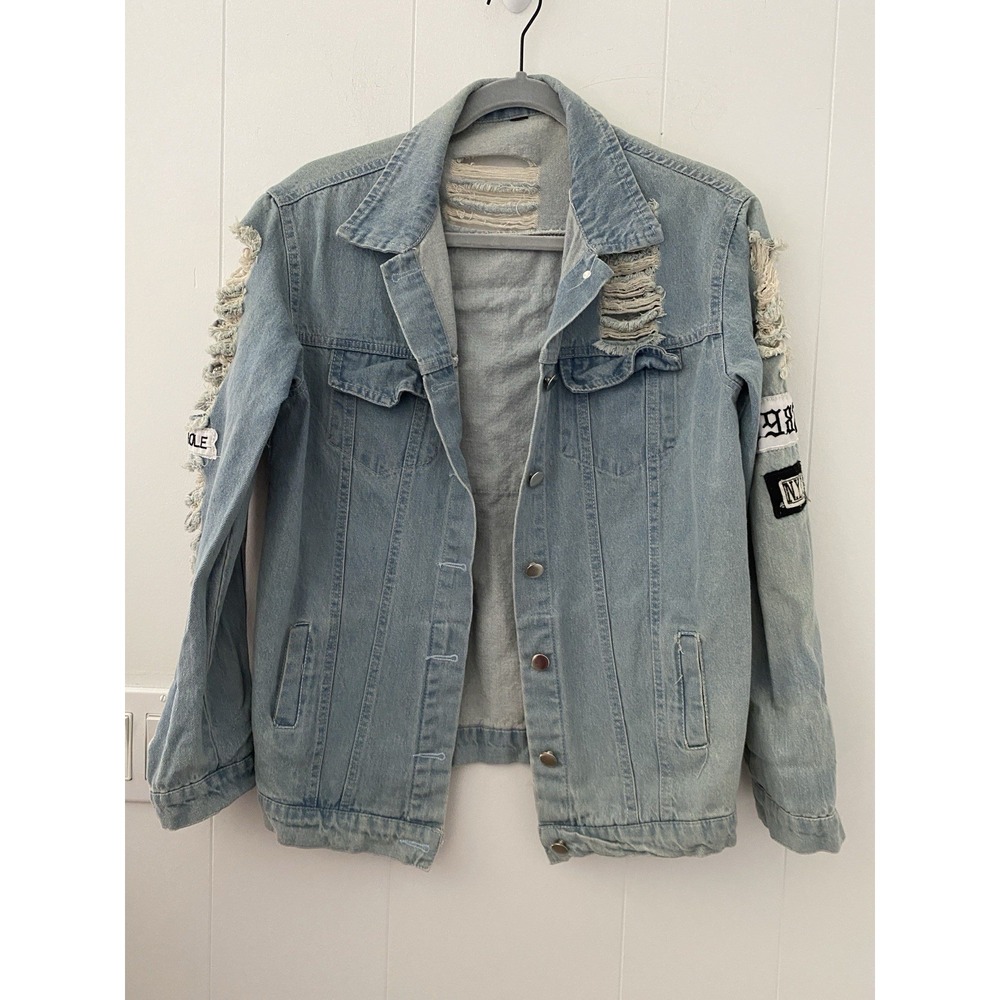 Where Is My Mind Faded Jean Jacket‎ Distress Denim Patches Womens Sz M
